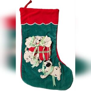 Vintage Christmas Stocking 101 Dalmatians Disney 3D Embroidered Velvet Red Green